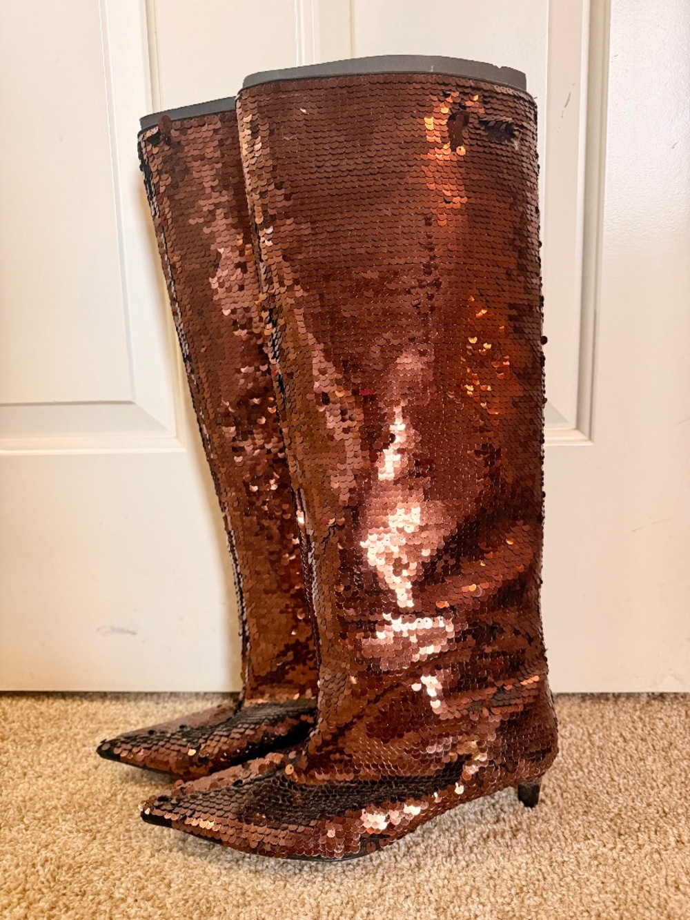 Zara Bronze Brown Sequin Slouchy Kitten Heel Boots